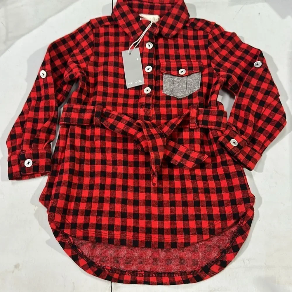 MIKI MIETTE Zofia Noel Dress Red Black Buffalo Check 12 mo New